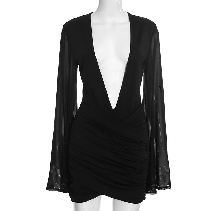 Deep V Neck Sheer Mesh Flare Sleeve Mini Dress Sexy Clothes Woman Black Club Dresses Fall 2026