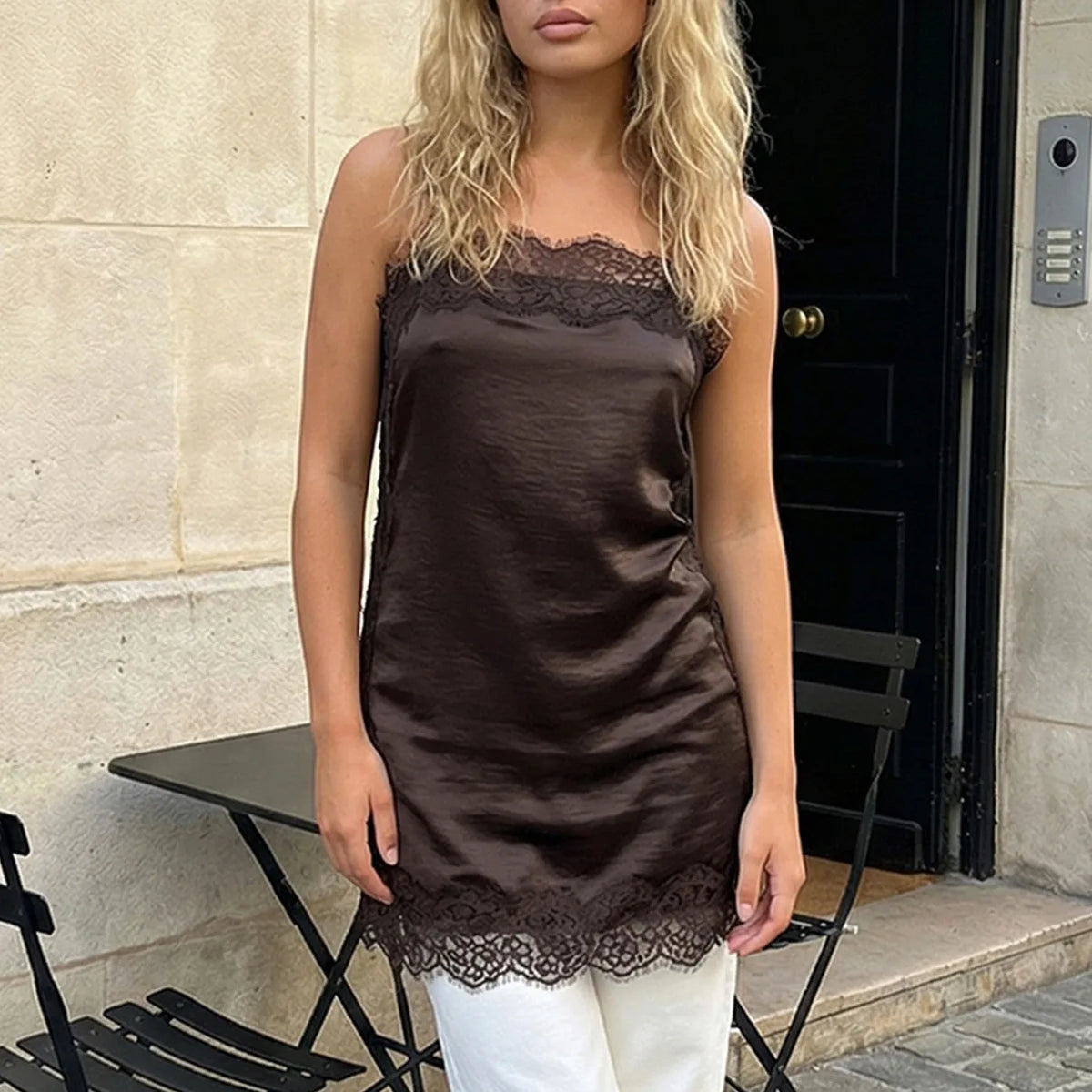 Elegant Lace Patchwork Cami Tops Women Solid Sleeveless Square Neck Loose Vest Suit Autumn Lady Chic Satin Party Outfit