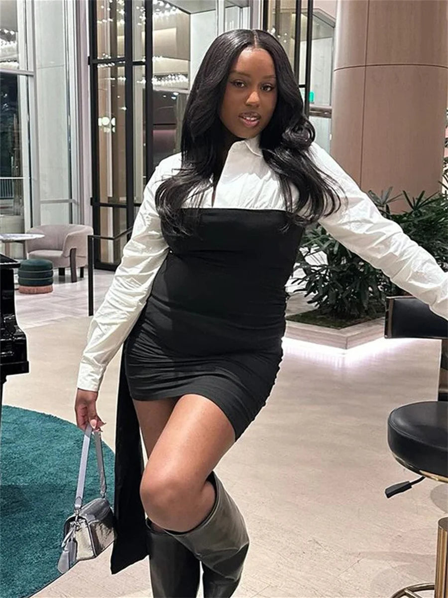 Color Blocking Dress Women Elegant Turn Down Collar Full Sleeve Ribbon Patchwork Fashion Party Club Peach Hip Bodycon