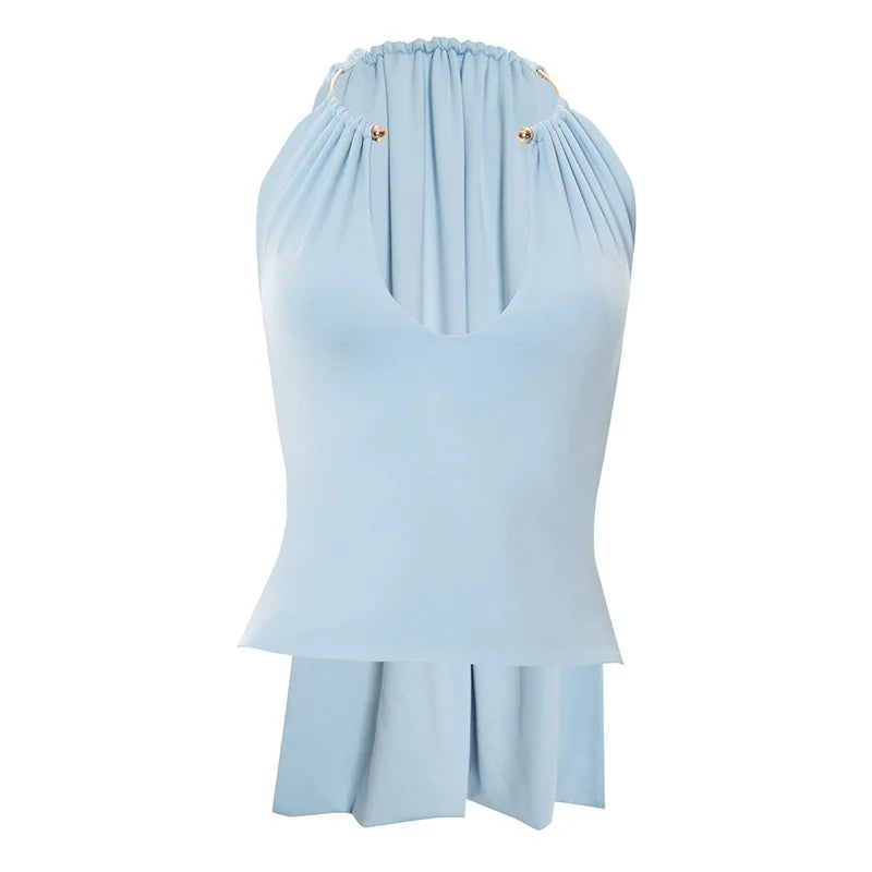 Low Cut Backless Crop Tops Light Blue Black Sexy Sleeveless Shirts Summer 2025 Woman Clothing
