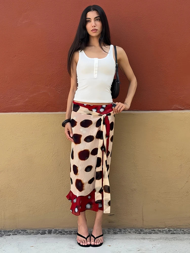 Dots Mesh Patchwork Long Skirts Woman Summer Trend Elastic Waist Wrap Hip High Street Ruched Elegant Style Bottoms