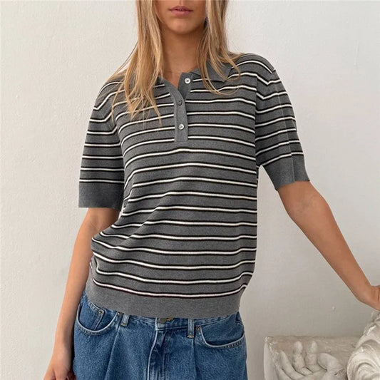 Women Summer Striped Knit Top Short Sleeve Button Casual Knitted T Shirt Vintage Contrast Stripe Basic Pullover