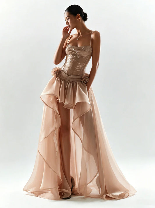 Elegant 2-Piece Set Women Fashion Sequin Folds Square Collar Skinny Bodysuits+3d Flower Irregular Hem Skirt Chic Suit