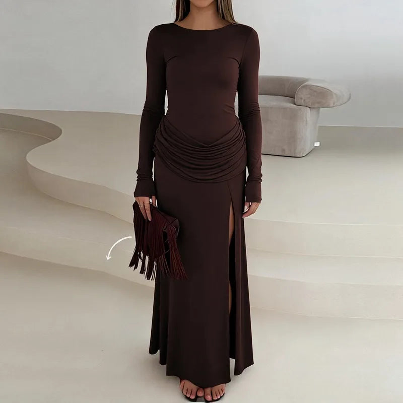 Long Sleeve Maxi Dress with Draped Waist and High Side Slit Elegant Brown Dresses for Woman Fall Winter 2026