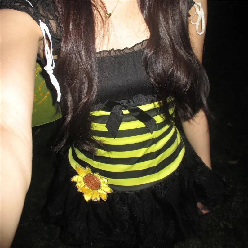 Women Bumble Bee Halloween Costume Dress Striped Mesh Puff Sleeve Bow Sunflower Decoration Tulle Tutu Mini Party Dress