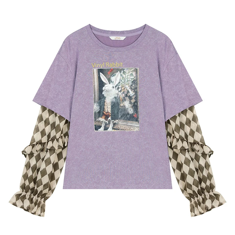 Y2K Long Sleeve Top Women Romantic Loose Round Neck Long Sleeve T-Shirt Fake Two-Piece Ruffle Sleeve Cute Print Top