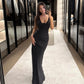 Polka Dot Print Black Elegant Dress 3d Flower-applique Deep V Neck Backless Long Split Dresses for Summer