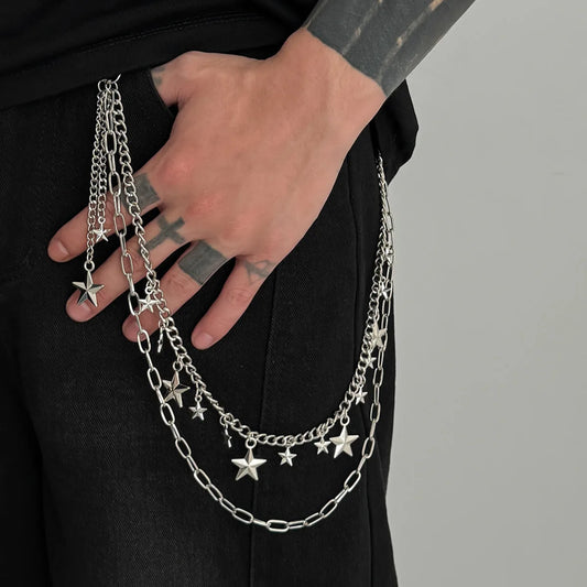 Trendy Hip Hop Double Layer Jeans Pants Chain Men Women Creative Star Pendant Bag Waist Chain Steampunk Jewelry Gift