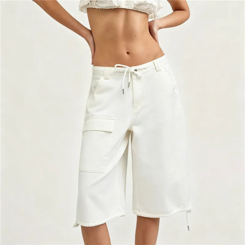 Y2K Vintage White Cargo Capri Jeans Women Loose Wide Leg Drawstring Waist Streetwear Hip Hop Casual Cropped Denim Pants