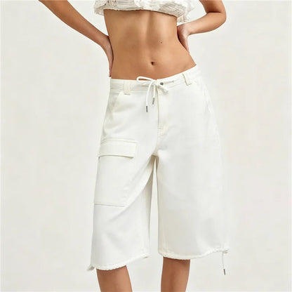 Y2K Vintage White Cargo Capri Jeans Women Loose Wide Leg Drawstring Waist Streetwear Hip Hop Casual Cropped Denim Pants