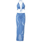 Hollow Ruffles 2 Piece Sets Woman Summer Knit Backless Halter Tops+Drawstring Long Skirts Beach Skinny Matching Suits