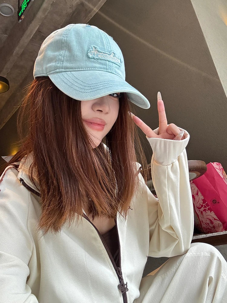 Vintage Washed Fashion Raw Edge Letter Embroidery Soft Top Baseball Cap Fashion Versatile for Women