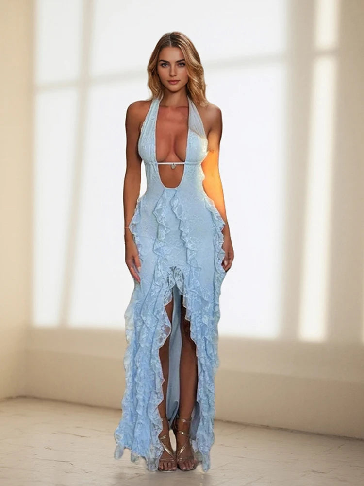 Halter Deep V-Neck Dress Women Elegant Mesh Tassel Patchwork Backless Split Skinny Jacquard Sleeveless Maxi Bodycon