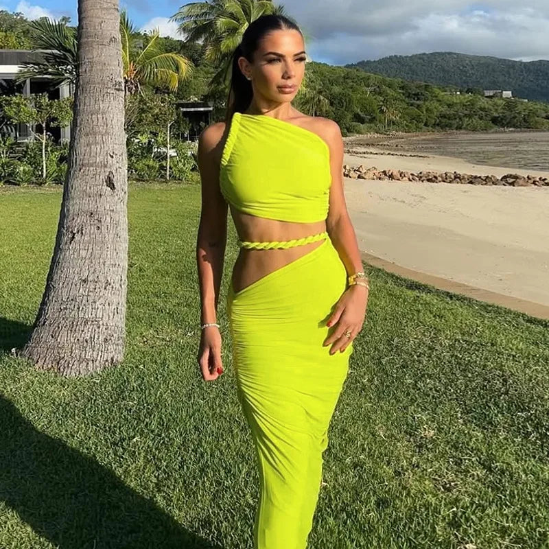 Neon Green 2 Pieces Set for Woman Twisted Cutout Long Skirt and Top Sexy Beach Summer Outfit Woman 2025