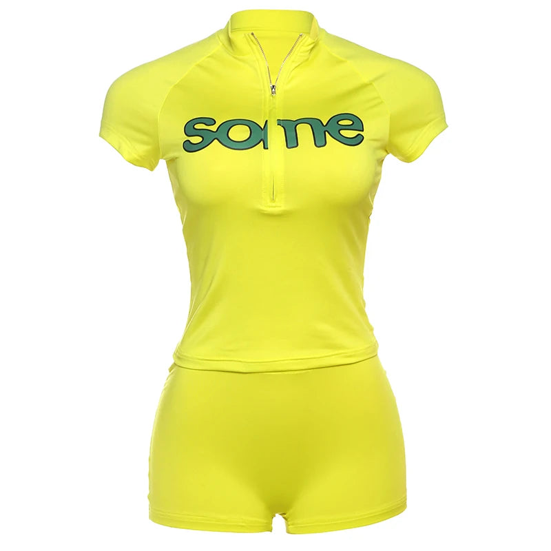 Letter Print Women2 Piece Set Casual Sporty Zip Crop Tops+Shorts Matching Streetwear Stretch Skinny Streetwear Suits