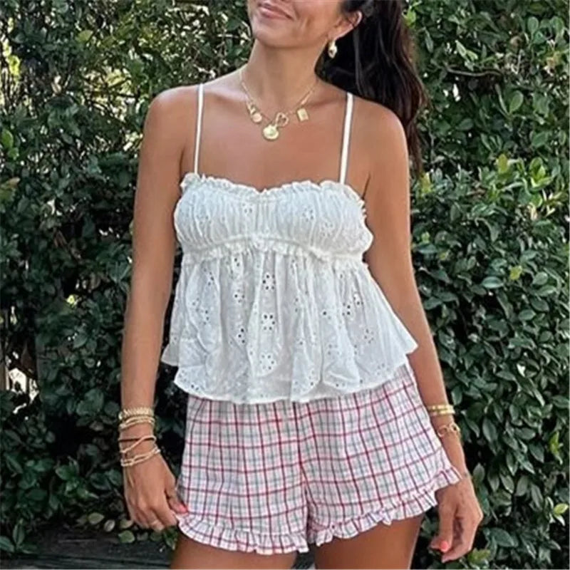 Beach Vacation White Eyelet Embroidery Cami Top Women Spaghetti Strap Ruffled Trim Peplum Flowy Casual Summer Top