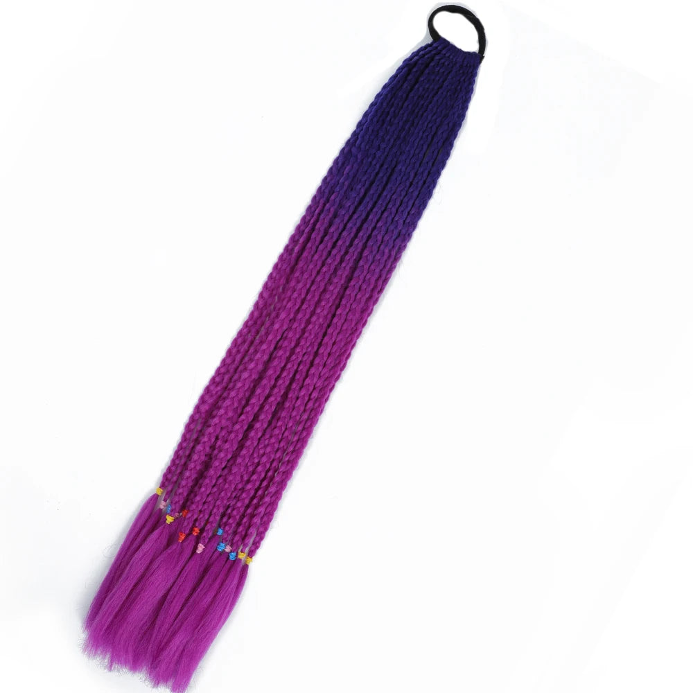 Synthetic 24inch Girls Colored Box Braided Ponytail With Elastic Rubber Band Hair Extensions Rainbow Color Box Pigtail Hairpiece