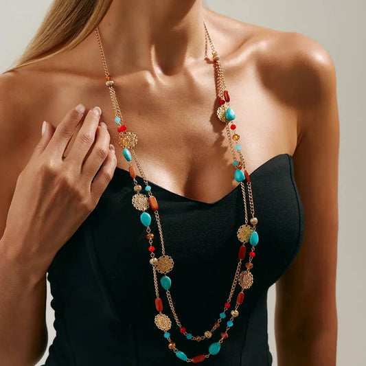 Vintage Acrylic Beaded Long Pendant Necklace for Women, Boho Stacked Sweater Chain, Party Accessory