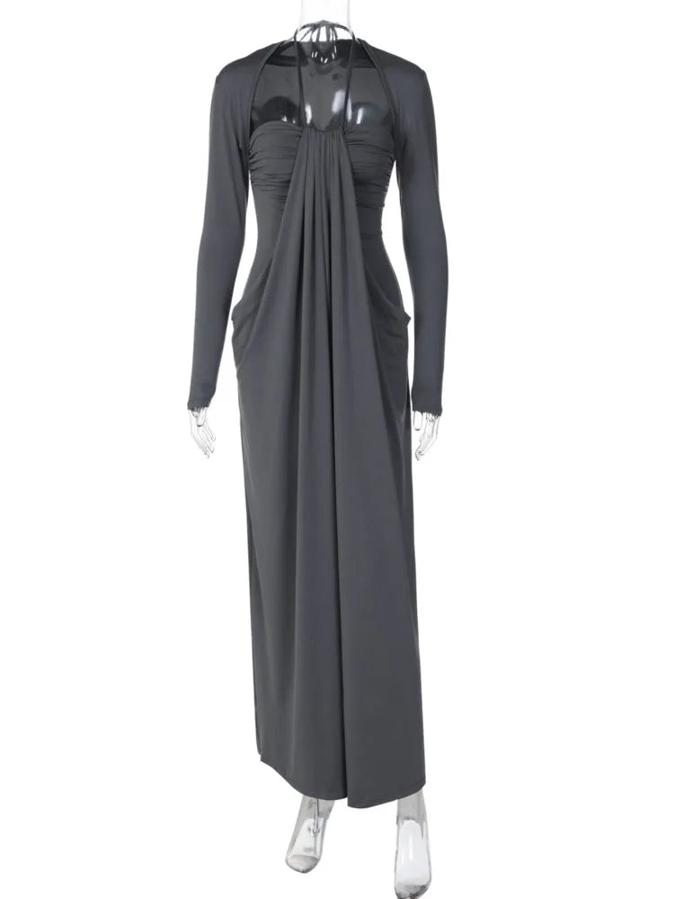 Women Halter Neck Backless Sexy Maxi Dress Long Sleeve Draped Pleated Elegant Wedding Guest Evening Party Long Dress