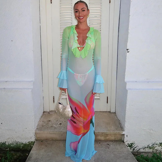 See Through Floral Gradient Mesh Dress Sexy Beach Vacation Outfits Ruffled Flare Sleeve Long Flowy Dresses