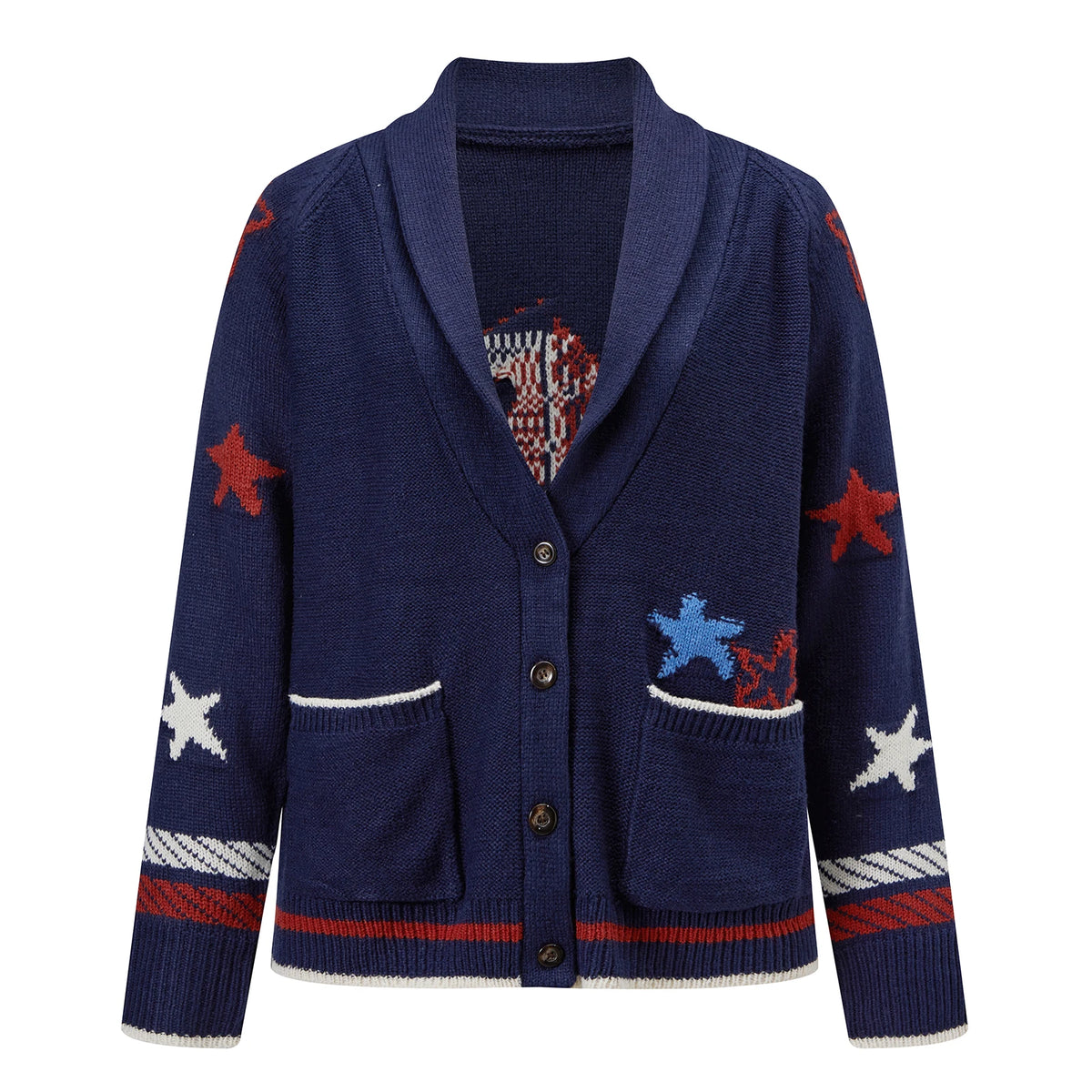 Women Shawl Collar Knit Cardigan Star Sailboat Jacquard Long Sleeve Button Pocket Retro Preppy Fall Sweater Outerwear
