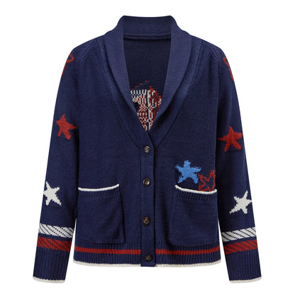 Women Shawl Collar Knit Cardigan Star Sailboat Jacquard Long Sleeve Button Pocket Retro Preppy Fall Sweater Outerwear