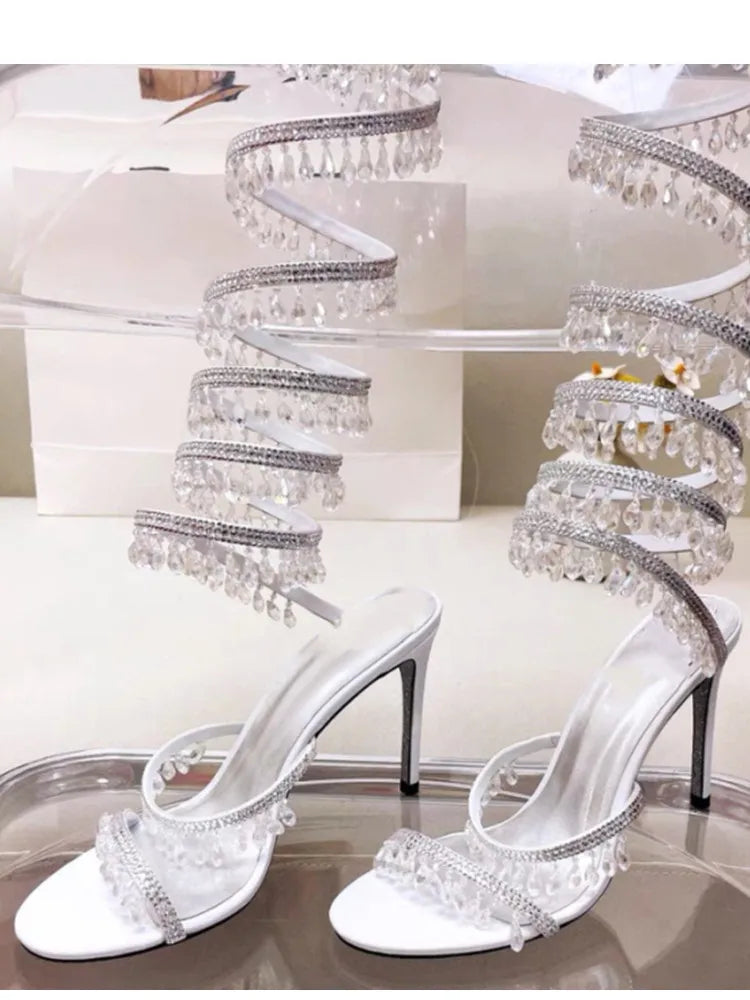 Women's New Water Diamond Sandals Fashion Tassel Crystal Shoes Sexy Banquet Party Twin Stiletto Women's Large Sandals