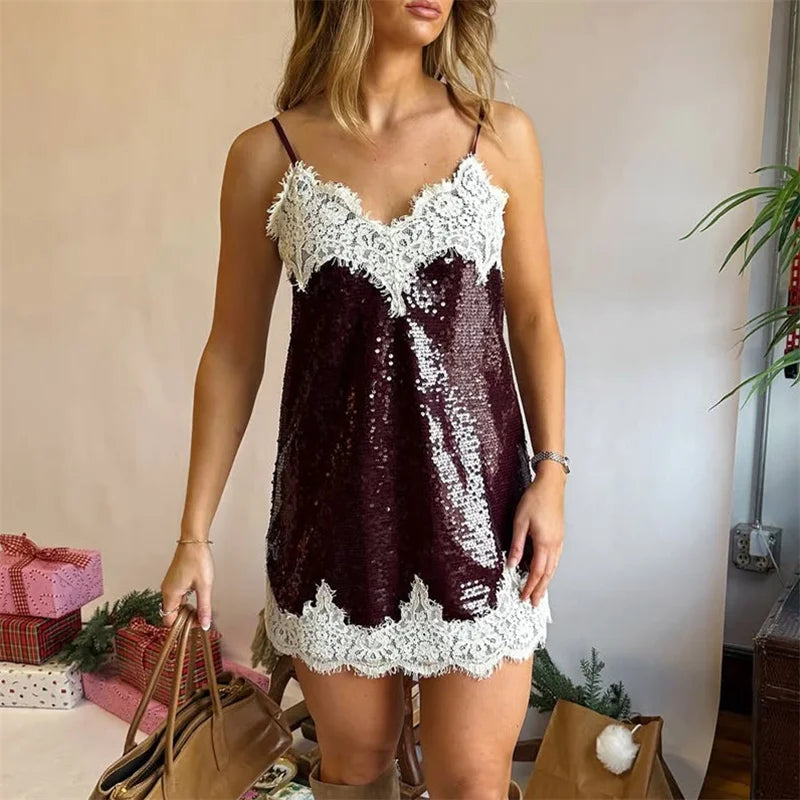 Summer Sequin Sparkly Lace Patchwork V-Neck Party Club Mini Dress Women Shinny Sleeveless Spaghetti Strap Short Dress