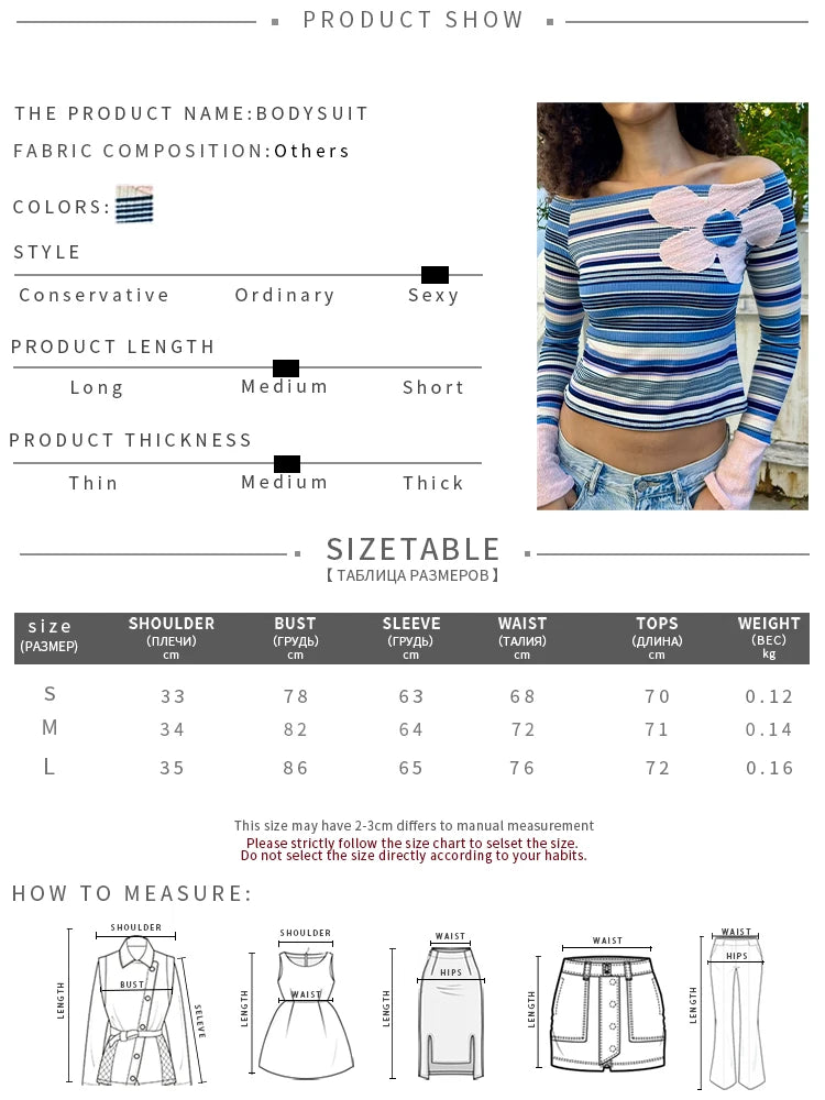 Stripe Print T-Shirts Woman Slash Neck Flower Embroidery Full Sleeve Navel Exposed Street Casual Fashion Elegant Tees