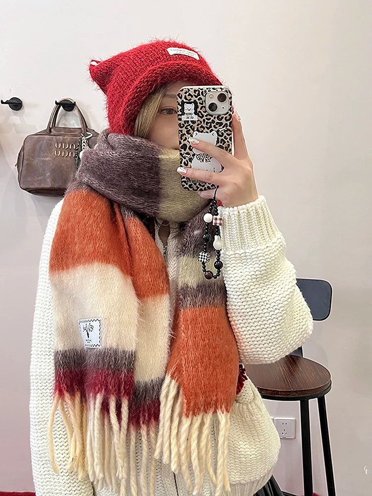 Retro Plaid Striped Plush Scarf for Women