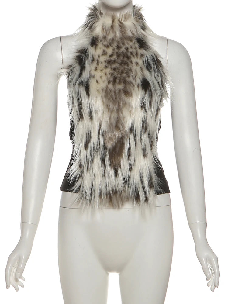 Hottie Leopard Tassel Tank Tops Women Sexy Furry Patchwork Halter Sleeveless Stretch Coquette Midnight Party Clubwear