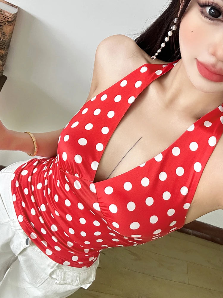 Polka Dot Print Vest Women Y2K Halter Backless Lace-Up v-Neck Skinny Summer Trend Daily  Street Basic Chic Tank Tops