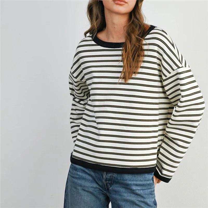 Contrast Rib Crew Neck Striped Long Sleeve T Shirt Drop Shoulder Loose Cropped Basic Casual Pullover Top for Fall Winter
