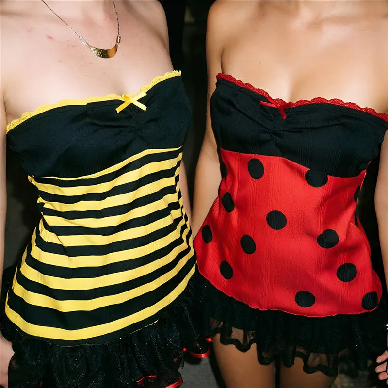 Y2K Women Strapless Tube Top Lace Trim Front Bow Ruched Design Striped Polka Dot Slim Flared Hem Summer Casual Tank Top