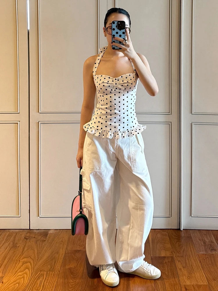 Polka Dot Print Top Women Halter Low-Neck Bandage Ruffles Backless Sleeveless Skinny Summer Trend Street Basic Vest