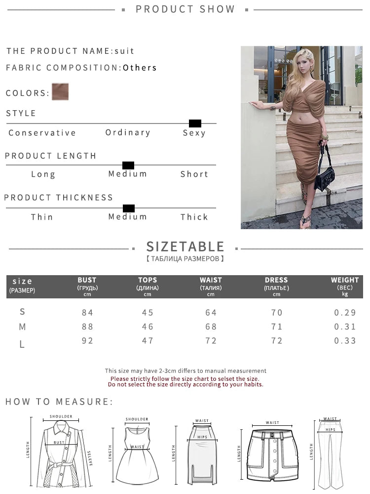 Folds Elegant 2-Piece Set Women v-Neck Short-Sleeve Patchwork Crop Tops+Elastic Waist Simple Skirts Banquet Chic Suit