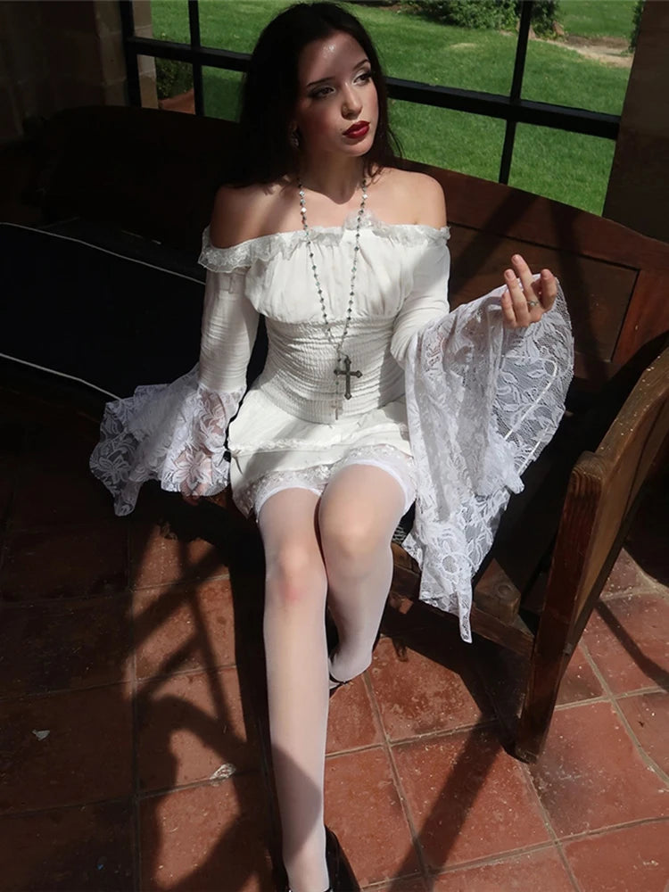 Patchwork Lace Dress Women Tierred Hem Slash Neck Flare Sleeve Folds Cross Decoration Lolita Style Sweet Mini Bodycon