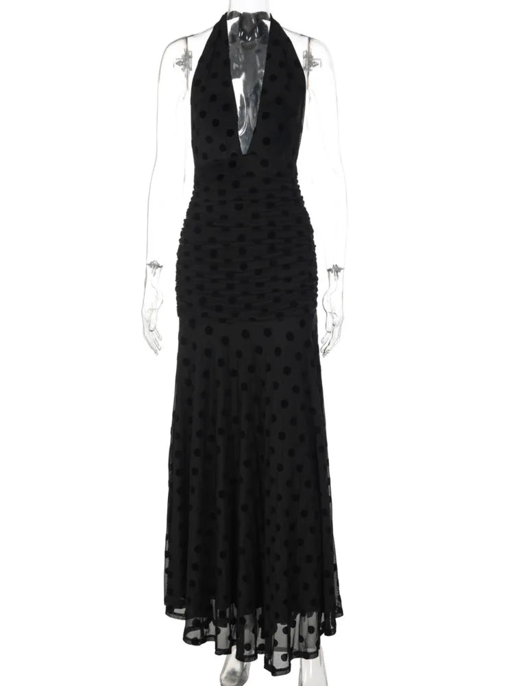 Mesh Polka Dot Sexy Maxi Dress Women Black Halter Deep V Neck Sleeveless Backless Ruched Bodycon Club Party Long Dress