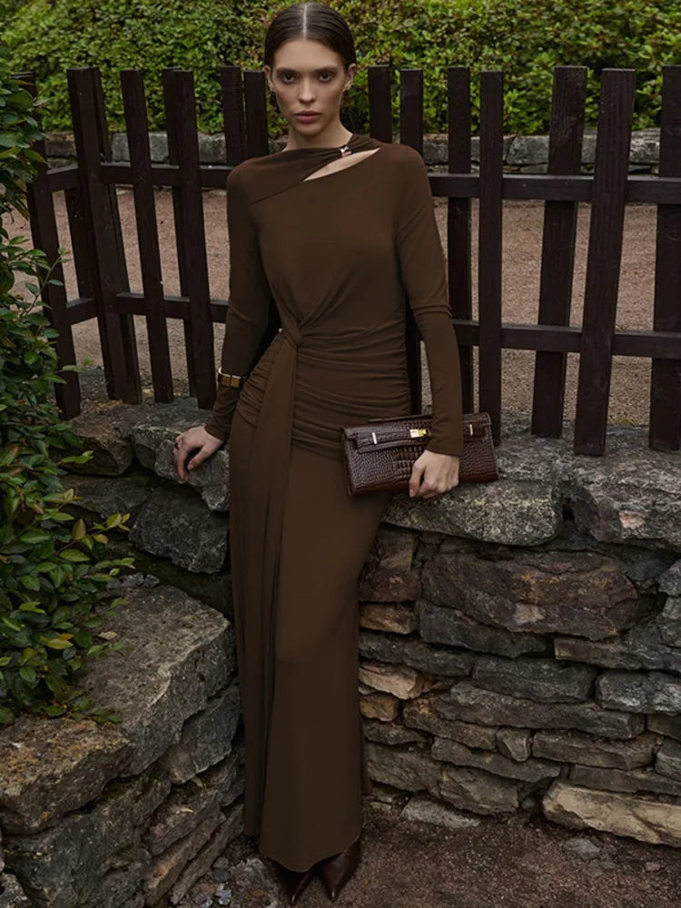 Long Sleeve Ruched Sexy Maxi Dress Women Autumn Winter Fashion O Neck High Waist Bodycon Club Party Long Dress Elegant
