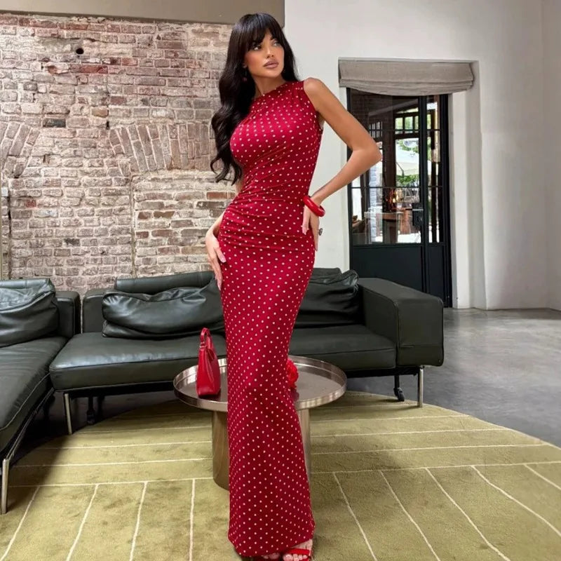 Polka Dot Print Sleeveless Bodycon Mermaid Maxi Dress 2026 Woman Elegant Vintage Long Party Dresses