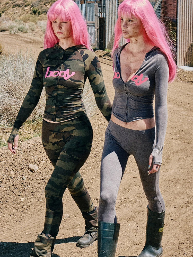 Letter Print 2 Piece Set Women Tracksuit Hooded Jacket+Leggings Matching Stretch Streetwear Casual Sporty Outfits