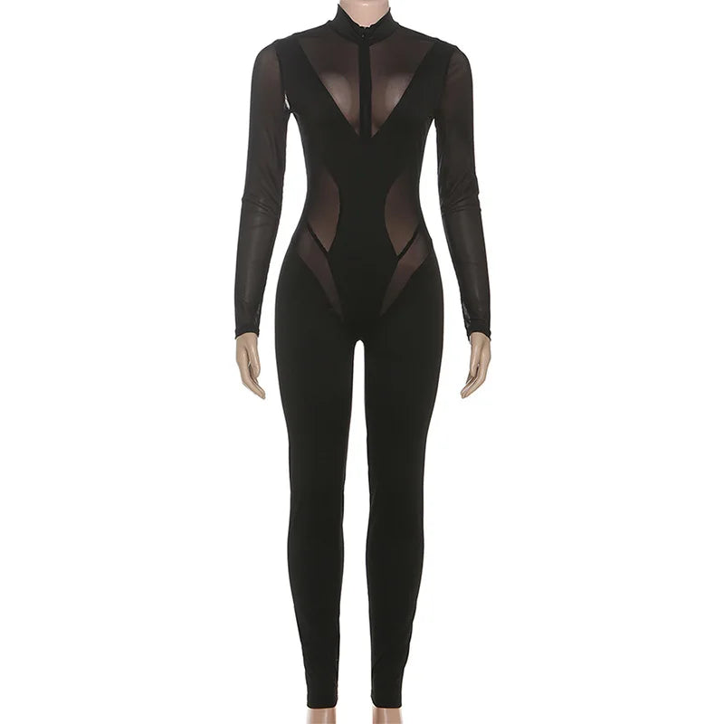 Mesh Splicing See Through Black Long Sleeve Bodycon Jumpsuits for Woman Sexy Club Wear Fall Clothes