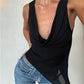 Cowl Neck Mesh Tank Top for Women Solid Color Sleeveless Sheer Blouse Asymmetric Hem Slim Fit Y2K Casual Party Wear