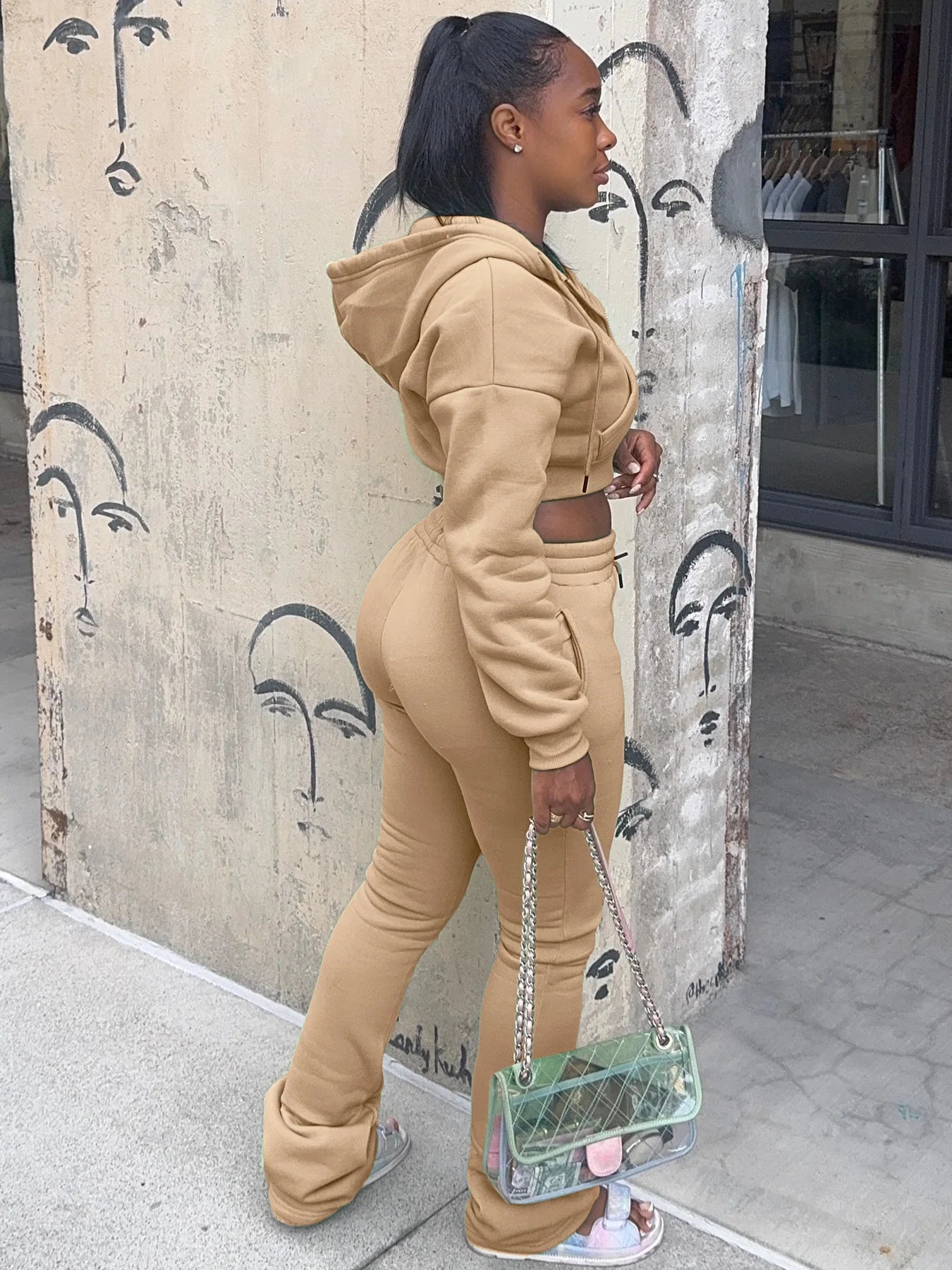 Casual Simple Women 2 Piece Set Pocket Hooded Zip Crop Jacket+Pants Sporty Matching Streetwear Skinny Basic Outfits