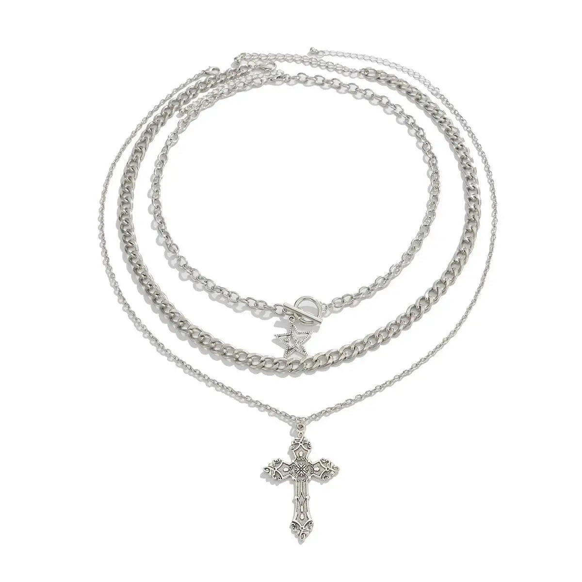 3 Pcs/Set Hip Hop Punk Silver Color Cross Star Pendant Necklace Men Kpop Creative OT Buckle Chain Necklace Daily Jewelry