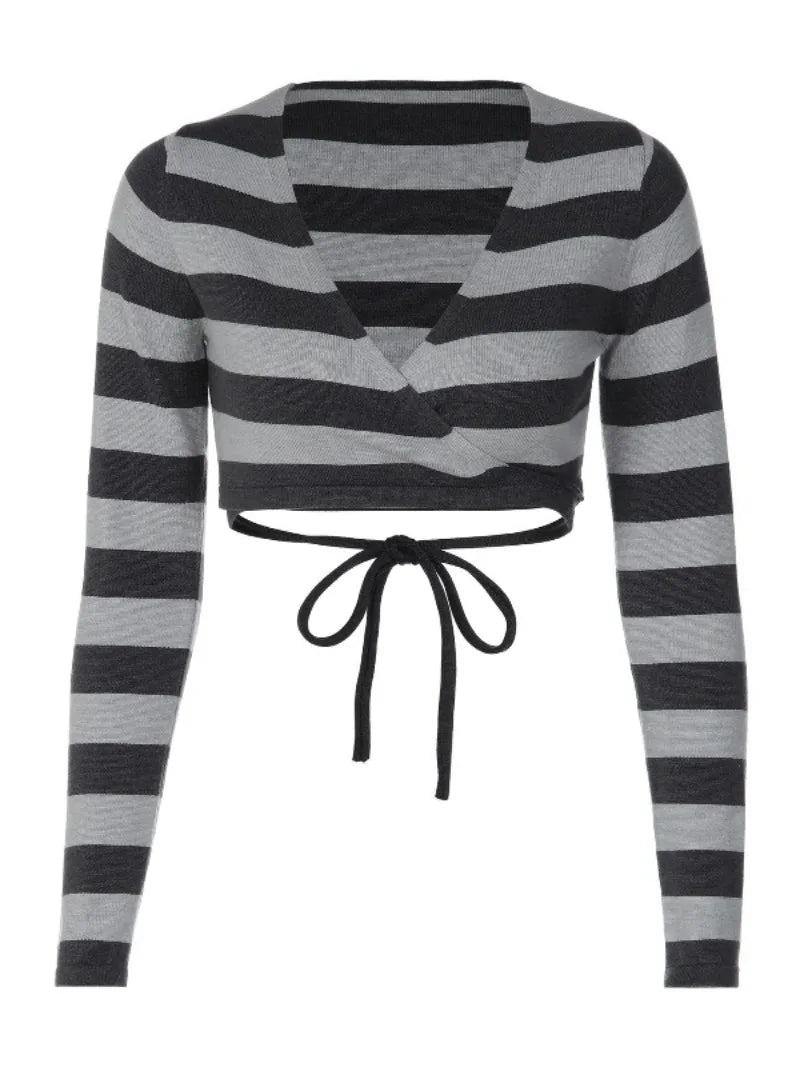 Gray Striped Knit Long Sleeve Wrap Crop Tops Deep V Neck High Quality Fall T Shirts Woman Clothing