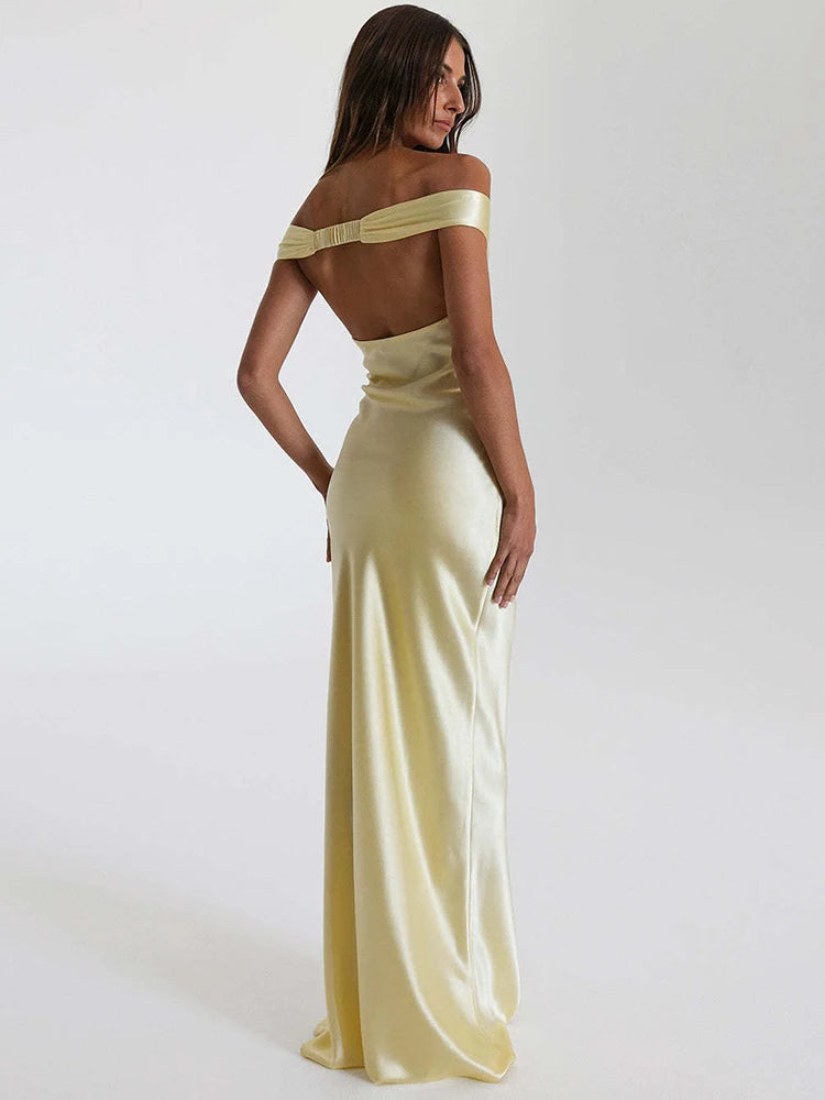 Satin Off-shoulder Backless Sexy Maxi Dress Women Gown Fashion Strapless Sleeveless High Waist Club Party Long Dresses