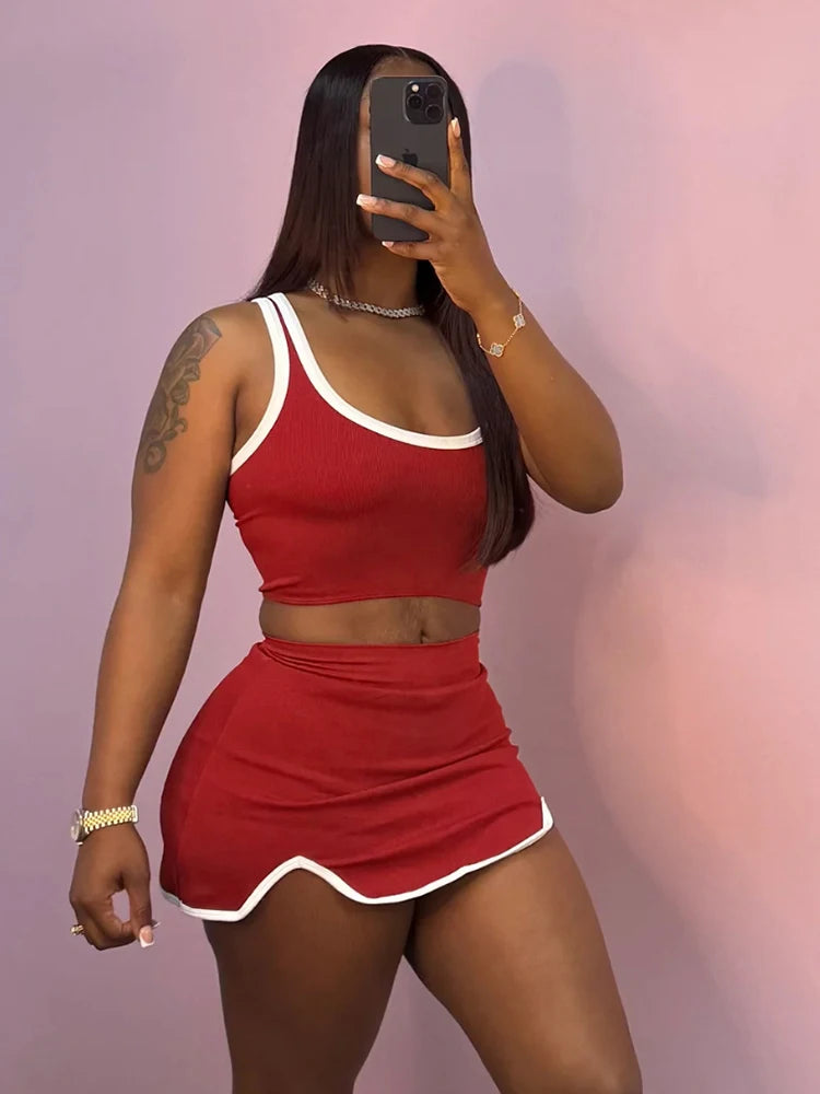 Casual Simple Women 2 Piece Set Tracksuit Skinny Tank Tops+Irregular Hem Skirts Matching Stretch Streetwear Outfits