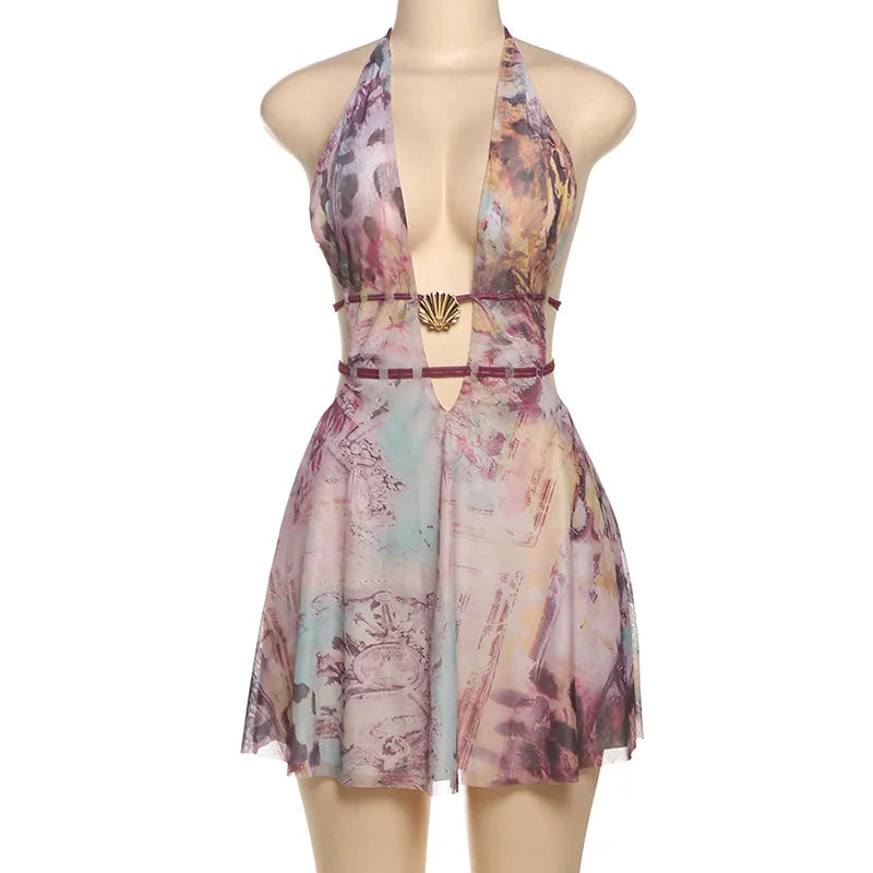 Sexy Print Beach Summer Dress Woman 2025 Deep V Neck Backless Mini Dresses Vacation Outfits