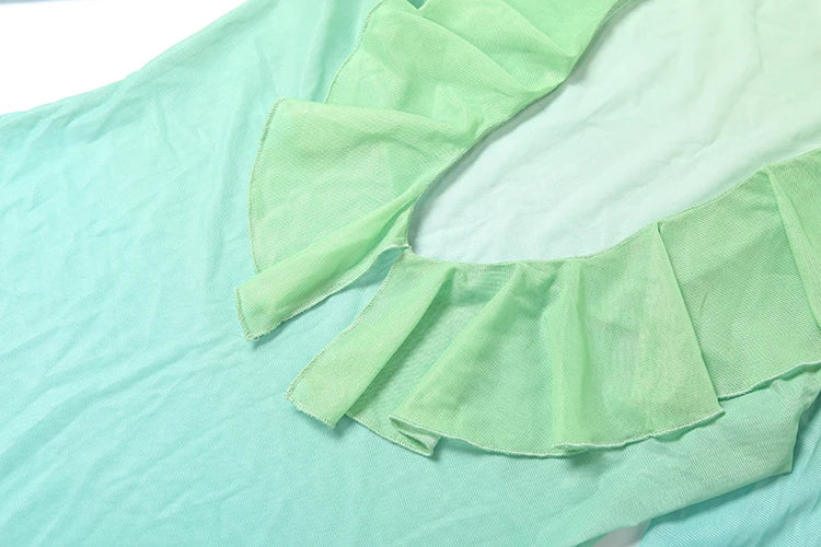 Lower Print See Through Dress Women Y2K Gradient Ruffles Low-Neck Flare Sleeve Summer Holiday Beach Midnight Vestidos